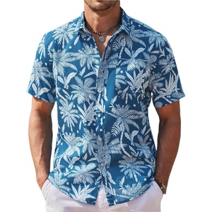 image:imageCOOFANDY Mens Hawaiian Shirts Short Sleeve Casual Button Down Tropical Beach ShirtBlue  White Plam Leaf