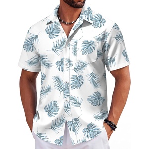 image:imageCOOFANDY Mens Hawaiian Shirts Short Sleeve Tropical Button Down Shirts Floral Summer Beach ShirtWhite  Blue Leaves