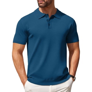 image:imageCOOFANDY Mens Knit Polo Shirts Casual Short Sleeve Button Down Polo Shirt Classic Golf ShirtsDenim Blue