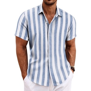 image:imageCOOFANDY Mens Linen Shirts Short Sleeve Casual Shirts Button Down Shirt for Men Beach Summer Wedding ShirtBluewhite Stripes