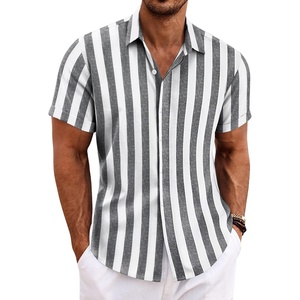 image:imageCOOFANDY Mens Linen Shirts Short Sleeve Casual Shirts Button Down Shirt for Men Beach Summer Wedding ShirtGreywhite Stripes
