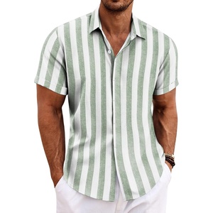 image:imageCOOFANDY Mens Linen Shirts Short Sleeve Casual Shirts Button Down Shirt for Men Beach Summer Wedding ShirtLight Greenwhite Stripes