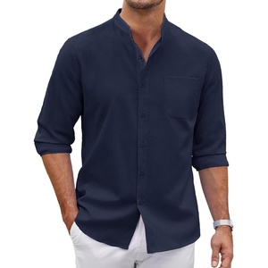 image:imageCOOFANDY Mens Oxford Shirts Long Sleeve Casual Button Down Shirts Band Collar Dress Shirt with PocketNavy Blue