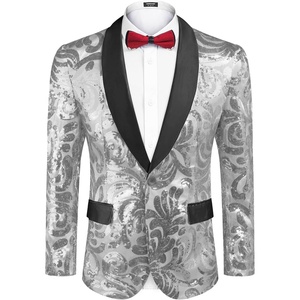 image:imageCOOFANDY Mens Sequin Blazer Sparkly Glitter Jacket Shiny Floral Suit Jacket Stylish Party Wedding Banquet Prom TuxedoSilver  Black Lapel