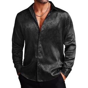 image:imageCOOFANDY Mens Silk Satin Dress Shirts Jacquard Long Sleeve Floral Button Up Shirts Party Prom Wedding ShirtBlack