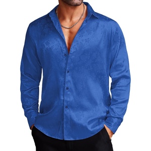 image:imageCOOFANDY Mens Silk Satin Dress Shirts Jacquard Long Sleeve Floral Button Up Shirts Party Prom Wedding ShirtBlue Rose Jacquard