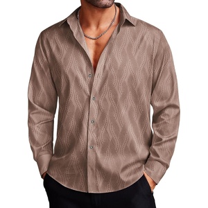 image:imageCOOFANDY Mens Silk Satin Dress Shirts Jacquard Long Sleeve Floral Button Up Shirts Party Prom Wedding ShirtBrown Twist