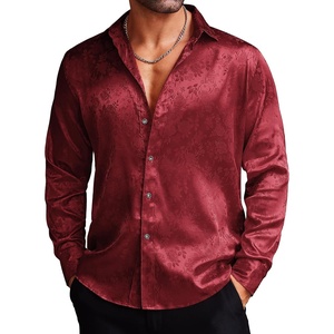 image:imageCOOFANDY Mens Silk Satin Dress Shirts Jacquard Long Sleeve Floral Button Up Shirts Party Prom Wedding ShirtBurgundy