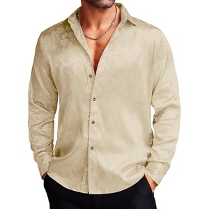 image:imageCOOFANDY Mens Silk Satin Dress Shirts Jacquard Long Sleeve Floral Button Up Shirts Party Prom Wedding ShirtCream Rose