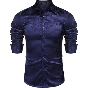 image:imageCOOFANDY Mens Silk Satin Dress Shirts Jacquard Long Sleeve Floral Button Up Shirts Party Prom Wedding ShirtDeep Blue