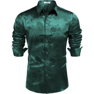 image:imageCOOFANDY Mens Silk Satin Dress Shirts Jacquard Long Sleeve Floral Button Up Shirts Party Prom Wedding ShirtGreen Rose Jacquard