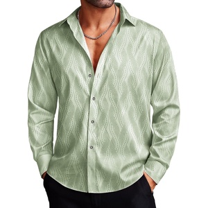 image:imageCOOFANDY Mens Silk Satin Dress Shirts Jacquard Long Sleeve Floral Button Up Shirts Party Prom Wedding ShirtGreen Twist