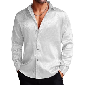 image:imageCOOFANDY Mens Silk Satin Dress Shirts Jacquard Long Sleeve Floral Button Up Shirts Party Prom Wedding ShirtPear White
