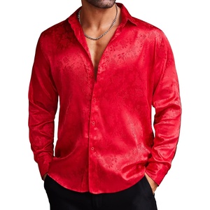 image:imageCOOFANDY Mens Silk Satin Dress Shirts Jacquard Long Sleeve Floral Button Up Shirts Party Prom Wedding ShirtRed