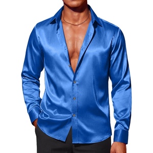 image:imageCOOFANDY Mens Silk Satin Dress Shirts Jacquard Long Sleeve Floral Button Up Shirts Party Prom Wedding ShirtSapphire