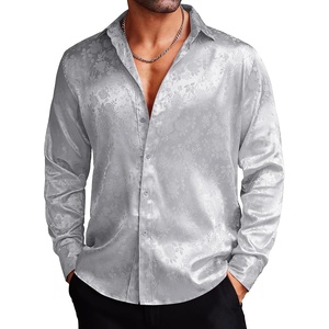 image:imageCOOFANDY Mens Silk Satin Dress Shirts Jacquard Long Sleeve Floral Button Up Shirts Party Prom Wedding ShirtSilver Gray