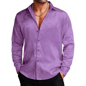 image:imageCOOFANDY Mens Silk Satin Dress Shirts Jacquard Long Sleeve Floral Button Up Shirts Party Prom Wedding ShirtViolet