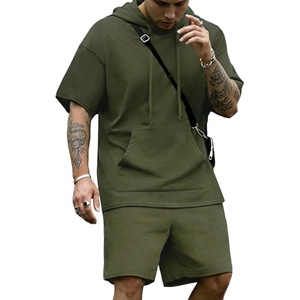image:imageCOOFANDY Mens Tracksuit 2 Piece Hooded Athletic Sweatsuit Short Sleeve Casual Sports Hoodie Shorts SetArmy Green