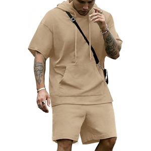 image:imageCOOFANDY Mens Tracksuit 2 Piece Hooded Athletic Sweatsuit Short Sleeve Casual Sports Hoodie Shorts SetKhaki