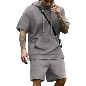 image:imageCOOFANDY Mens Tracksuit 2 Piece Hooded Athletic Sweatsuit Short Sleeve Casual Sports Hoodie Shorts SetLight Grey