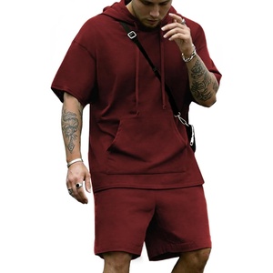 image:imageCOOFANDY Mens Tracksuit 2 Piece Hooded Athletic Sweatsuit Short Sleeve Casual Sports Hoodie Shorts SetWine Red