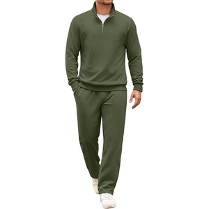 image:imageCOOFANDY Mens Tracksuit 2 Piece Set Geometric Texture Quarter Zip Pullover Sweatshirt Athletic Running SweatsuitsArmy Green