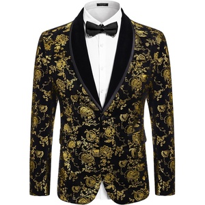 image:imageCOOFANDY Mens Velvet Tuxedo Floral Blazer Jacket One Button Shawl Lapel Suit Jacket for Dinner Prom Party WeddingGolden