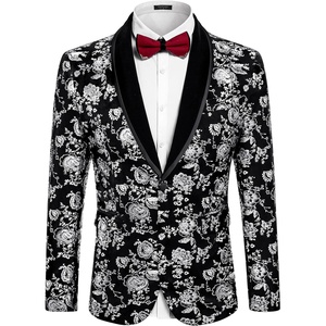 image:imageCOOFANDY Mens Velvet Tuxedo Floral Blazer Jacket One Button Shawl Lapel Suit Jacket for Dinner Prom Party WeddingSilver