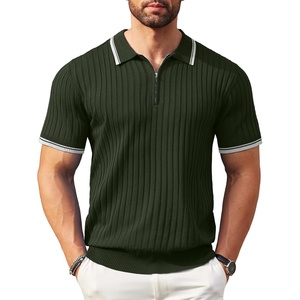 image:imageCOOFANDY Mens Zipper Polo Shirts Short Sleeve Ribbed Knit Polo T Shirts Fashion Casual Golf ShirtsStriped Army Green