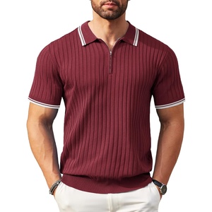 image:imageCOOFANDY Mens Zipper Polo Shirts Short Sleeve Ribbed Knit Polo T Shirts Fashion Casual Golf ShirtsStriped Wine Red Striped