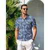image:imageCOOFANDY Men Casual Henley Tee Shirt Short Sleeve Band Collar Summer Beach Textured TShirtBlue Palm Leaves