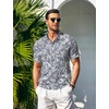 image:imageCOOFANDY Men Casual Henley Tee Shirt Short Sleeve Band Collar Summer Beach Textured TShirtDeep Blue Plam Leaf