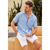 image:imageCOOFANDY Men Short Sleeve Button Down Shirts Summer Linen Textured Shirt Casual Beach Tops with PocketClear Blue