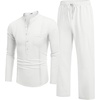 image:imageCOOFANDY Mens 2 Piece Cotton Sets Casual Long Sleeve Cuban Henley Shirt and Loose Pants Set Beach Vacation OutfitsAll White