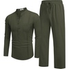 image:imageCOOFANDY Mens 2 Piece Cotton Sets Casual Long Sleeve Cuban Henley Shirt and Loose Pants Set Beach Vacation OutfitsArmy Green