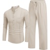 image:imageCOOFANDY Mens 2 Piece Cotton Sets Casual Long Sleeve Cuban Henley Shirt and Loose Pants Set Beach Vacation OutfitsBeige