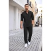 image:imageCOOFANDY Mens 2 Piece Cotton Sets Casual Long Sleeve Cuban Henley Shirt and Loose Pants Set Beach Vacation OutfitsBlack