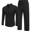 image:imageCOOFANDY Mens 2 Piece Cotton Sets Casual Long Sleeve Cuban Henley Shirt and Loose Pants Set Beach Vacation OutfitsBlack