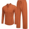 image:imageCOOFANDY Mens 2 Piece Cotton Sets Casual Long Sleeve Cuban Henley Shirt and Loose Pants Set Beach Vacation OutfitsCaramel