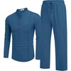 image:imageCOOFANDY Mens 2 Piece Cotton Sets Casual Long Sleeve Cuban Henley Shirt and Loose Pants Set Beach Vacation OutfitsDenim Blue