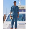 image:imageCOOFANDY Mens 2 Piece Cotton Sets Casual Long Sleeve Cuban Henley Shirt and Loose Pants Set Beach Vacation OutfitsDenim Blue