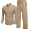 image:imageCOOFANDY Mens 2 Piece Cotton Sets Casual Long Sleeve Cuban Henley Shirt and Loose Pants Set Beach Vacation OutfitsKhaki