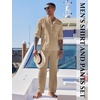 image:imageCOOFANDY Mens 2 Piece Cotton Sets Casual Long Sleeve Cuban Henley Shirt and Loose Pants Set Beach Vacation OutfitsKhaki