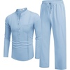 image:imageCOOFANDY Mens 2 Piece Cotton Sets Casual Long Sleeve Cuban Henley Shirt and Loose Pants Set Beach Vacation OutfitsLight Blue