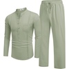 image:imageCOOFANDY Mens 2 Piece Cotton Sets Casual Long Sleeve Cuban Henley Shirt and Loose Pants Set Beach Vacation OutfitsLight Green