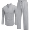 image:imageCOOFANDY Mens 2 Piece Cotton Sets Casual Long Sleeve Cuban Henley Shirt and Loose Pants Set Beach Vacation OutfitsLight Grey