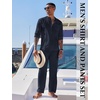 image:imageCOOFANDY Mens 2 Piece Cotton Sets Casual Long Sleeve Cuban Henley Shirt and Loose Pants Set Beach Vacation OutfitsNavy