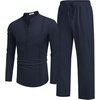 image:imageCOOFANDY Mens 2 Piece Cotton Sets Casual Long Sleeve Cuban Henley Shirt and Loose Pants Set Beach Vacation OutfitsNavy