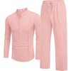 image:imageCOOFANDY Mens 2 Piece Cotton Sets Casual Long Sleeve Cuban Henley Shirt and Loose Pants Set Beach Vacation OutfitsPink