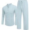image:imageCOOFANDY Mens 2 Piece Cotton Sets Casual Long Sleeve Cuban Henley Shirt and Loose Pants Set Beach Vacation OutfitsSky Blue